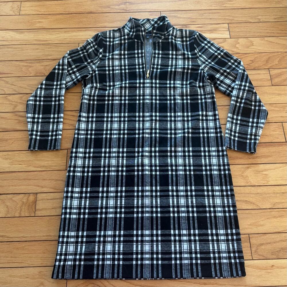 Talbots Black White Plaid Jacquard Half-Zip Shift Dress Women's Large Knit
